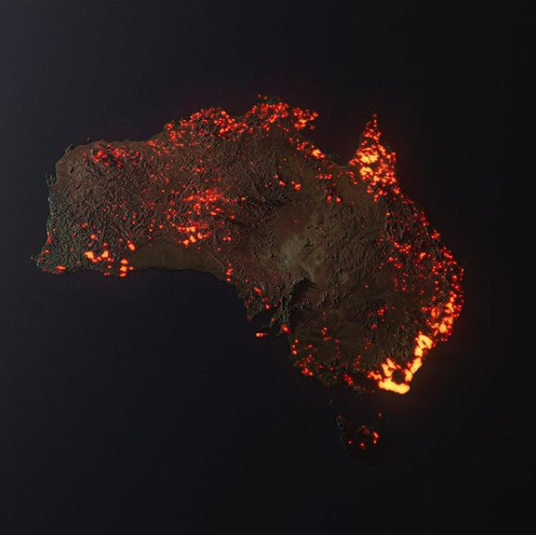 Avustralya’daki orman yangınlarından etkilenen alanların 3D görselleştirmesi. Anthony Hearsey, 5 Aralık 2019-5 Ocak 2020 tarihleri arasındaki NASA verilerinden yararlanarak hazırladı. Fotoğraf: anthony_hearsey / Instagram