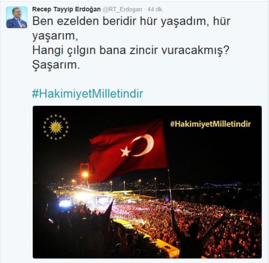 Cumhurbaşkanı Erdoğan'dan "Hakimiyet milletindir" paylaşımı