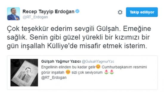 Erdoğan, portresini çizen engelli kıza Twitter'dan teşekkür etti