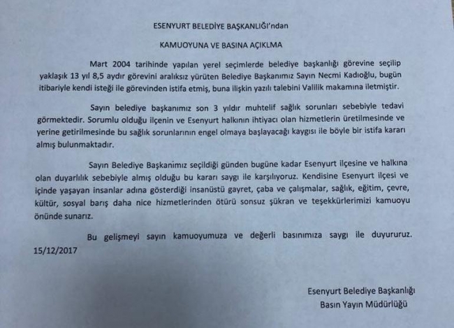 İstanbul'da Esenyurt Belediye Başkanı Necmi Kadıoğlu istifa etti