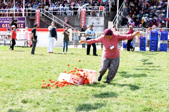 Kadınlardan domates kasası taşıma yarışması