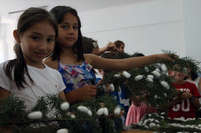 İpek böcekleri yetiştiren çocuklar tatilde de sorumluluklarını yerine getiriyor