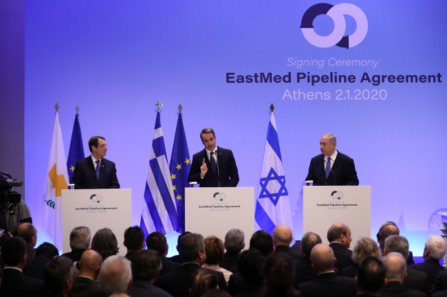 GKRY, İSrail ve Yunanistan, EASTMED boru projesinin anlaşmasını Atina'da imzaladı. Fotoğraf: Reuters
