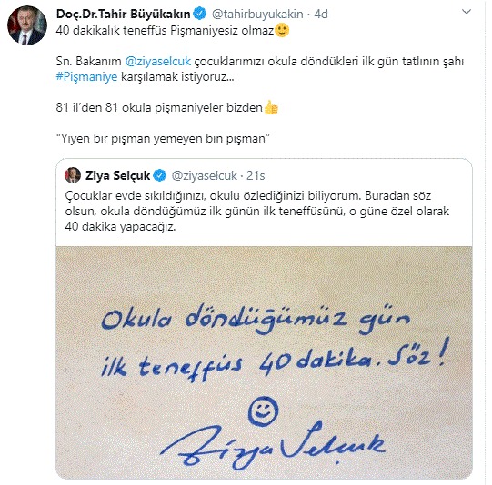Bakan Selçuk'un "ilk teneffüs" twitine Kocaeli'den pişmaniyeli destek