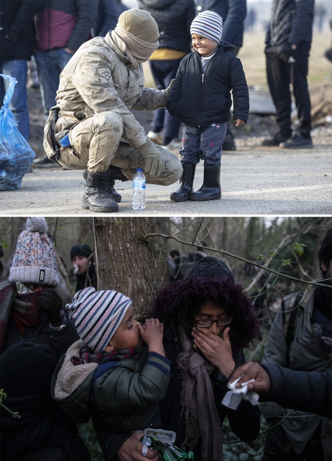 Dün Mehmetçik ile oyun oynayan, onun kucağından inmeyen sığınmacı, Yunanistan'ın biber gazlı müdahalesinden etkilendi. Fotoğraf: AA