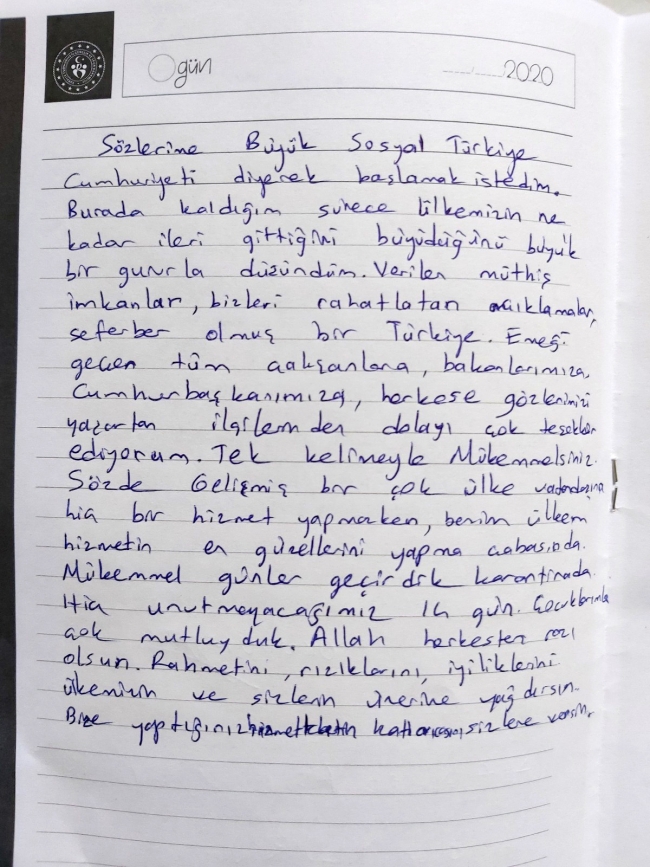 Gözetim süresi biten misafirlerden görevlilere teşekkür mektubu