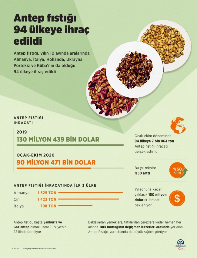 94 ülkenin tercih ettiği Antep fıstığından 90 milyon 471 bin dolar gelir