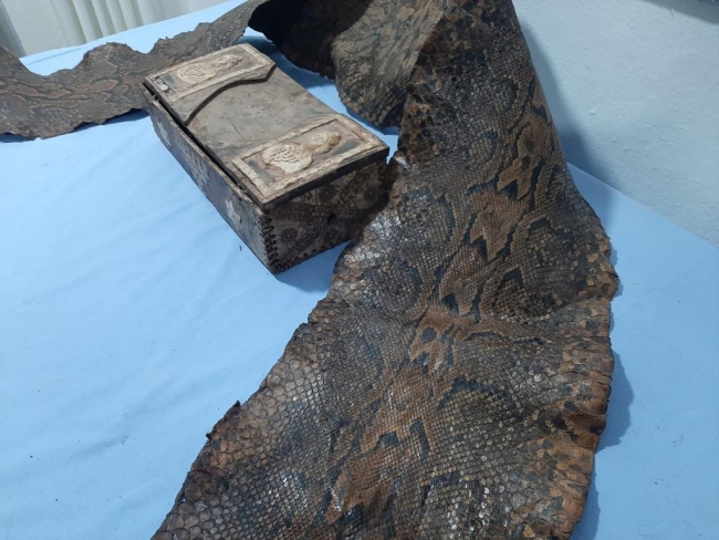 İbranice yazıları olan tarihi eser niteliğinde piton yılanı derisi ele geçirildi