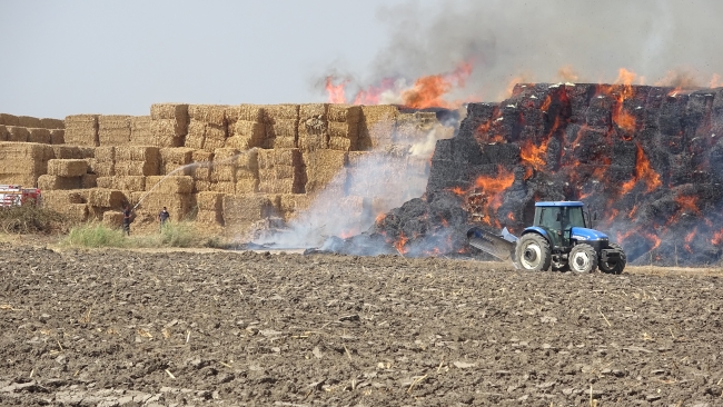 Mısır silajı balyalarının bulunduğu tarlada çıkan yangın kontrol altında