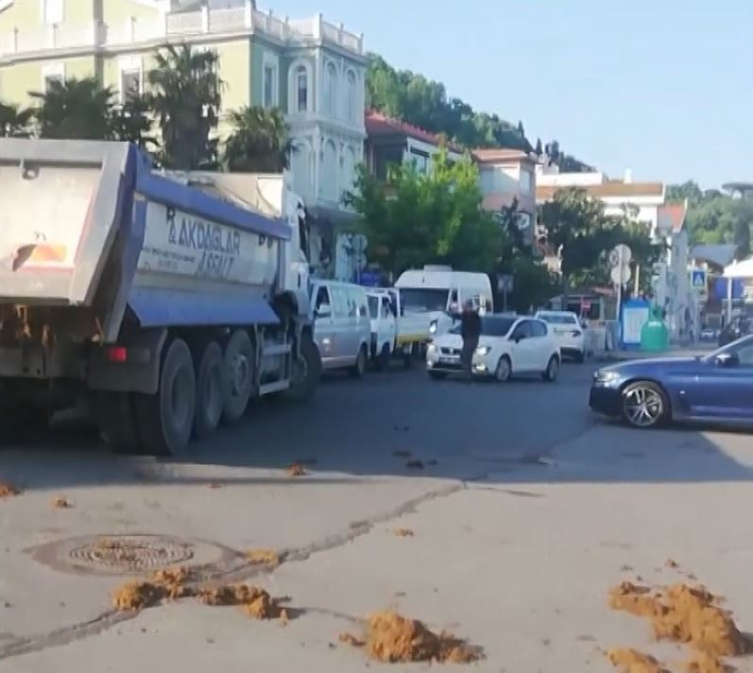 Kamyondan yol gübre döküldü, çevredekiler şoföre tepki gösterdi