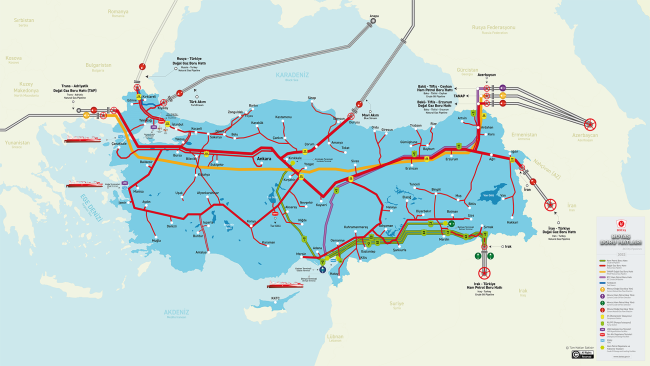 Türkiye'den geçen doğal gaz ve petrol boru hatları haritası. 