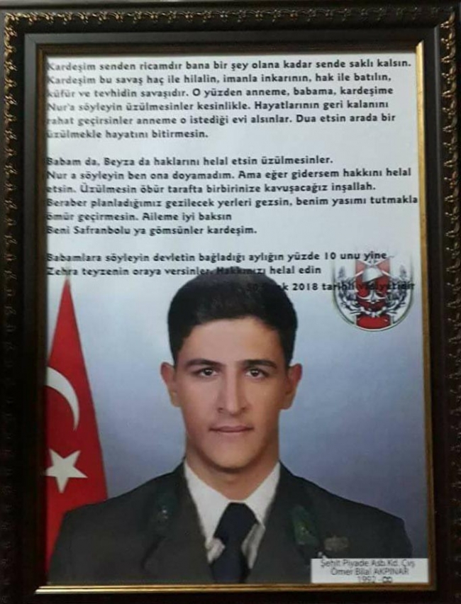 Afrin Şehidi Ömer Bilal Akpınar'ın vasiyeti yerine getirildi