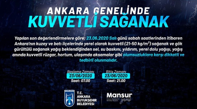 Ankara'da yarın kuvvetli sağanak bekleniyor