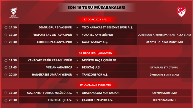 Türkiye Kupası'nda son 16 tur programı açıklandı