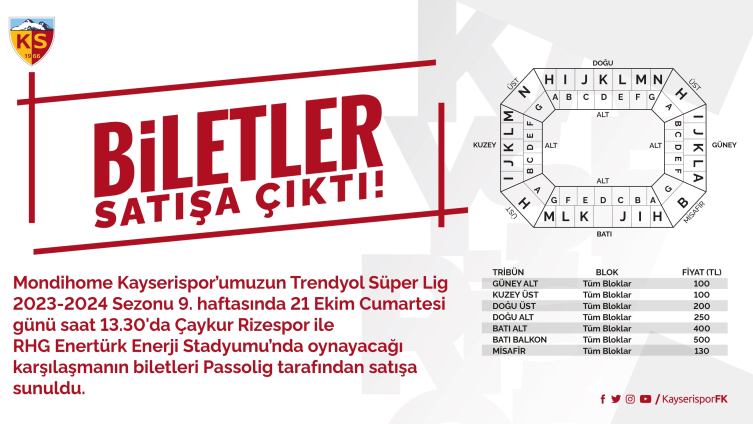 Kayserispor Çaykur Rizespor maçı biletleri satışta