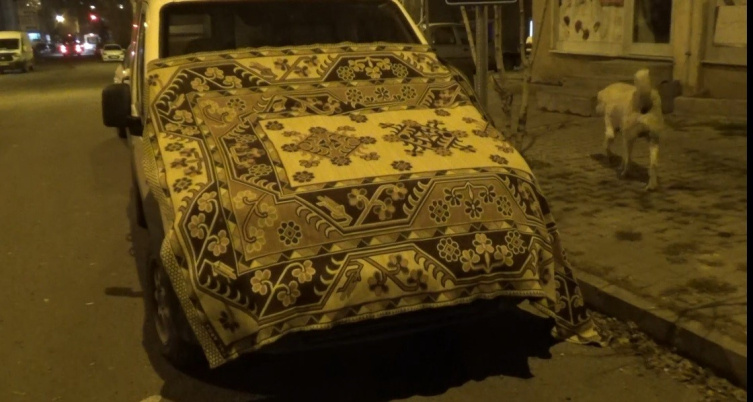 Kars'ta araçlara halılı, battaniyeli soğuk önlemi