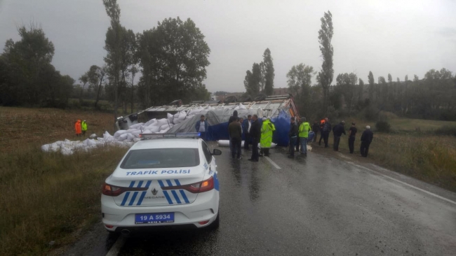 Çorum'da kayganlaşan yolda kontrolden çıkan tırın devrilmesiyle, çuvallardaki çekirdekler yola saçıldı. Fotoğraf: İHA