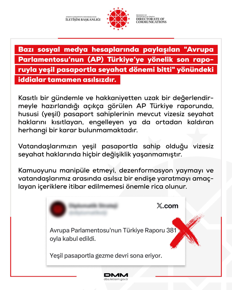 DMM, 'AP'nin Türkiye raporuyla yeşil pasaportla seyahat dönemi bitti' iddiasını yalanladı