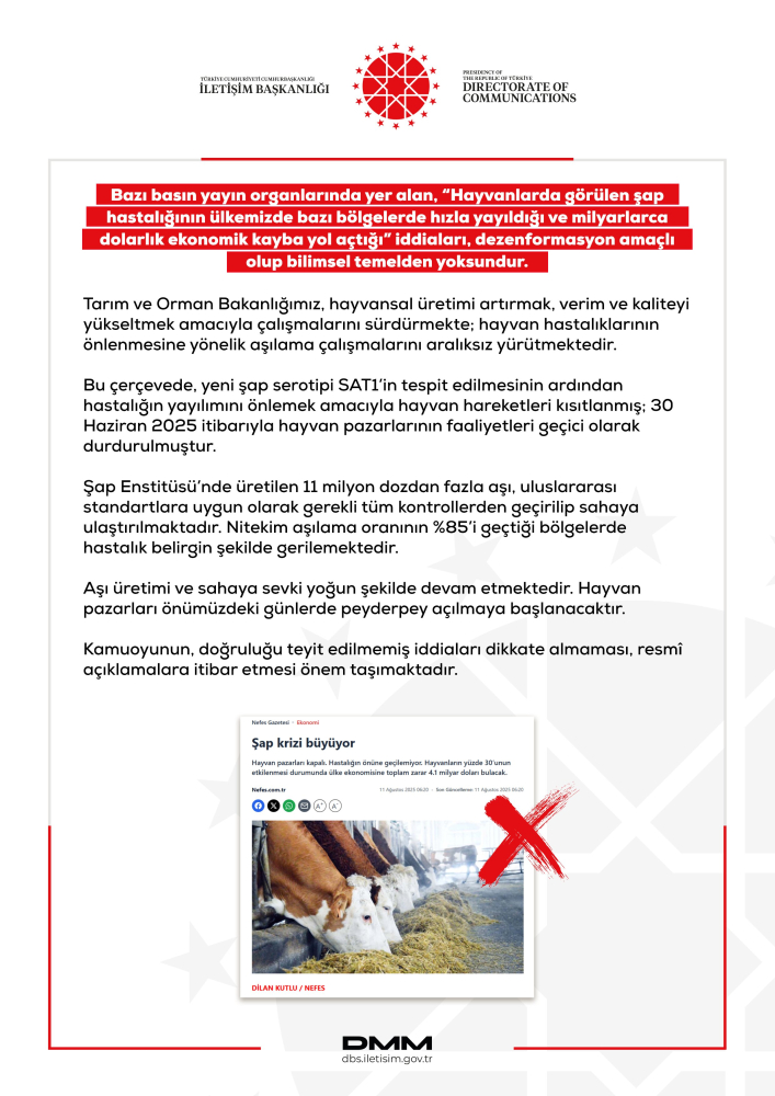 DMM: Şap hastalığının bazı bölgelerde hızla yayıldığı iddiaları dezenformasyon amaçlıdır