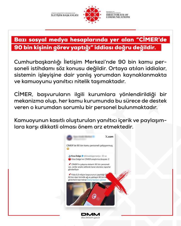 DMM, CİMER'de 90 bin kişinin görev yaptığı iddiasını yalanladı