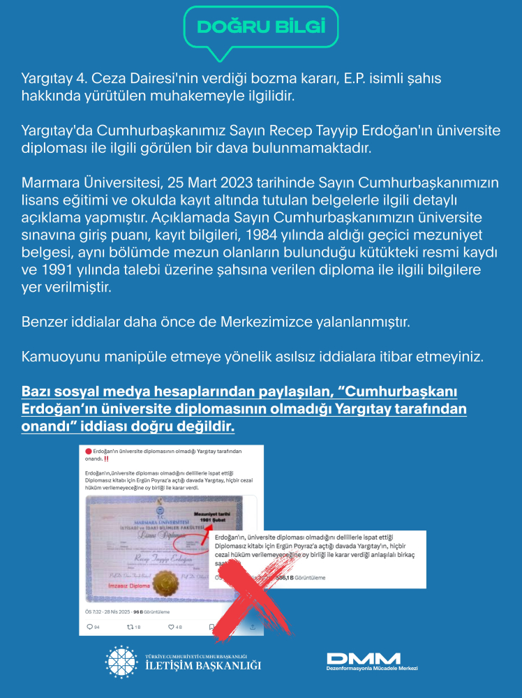 DMM: Cumhurbaşkanımızın üniversite diploması ile ilgili dava bulunmamaktadır