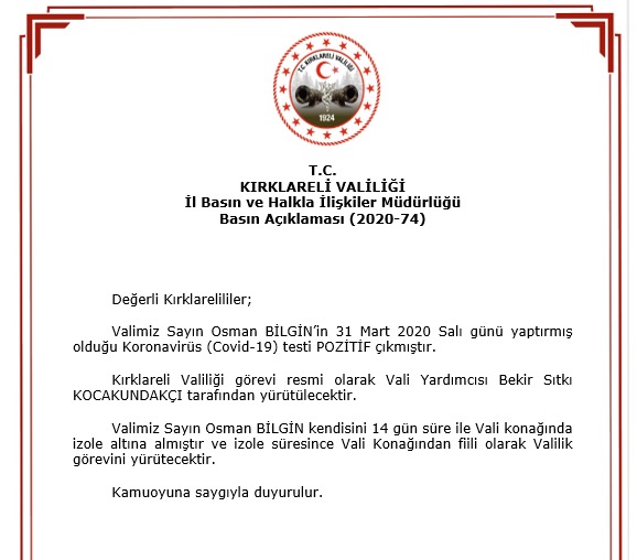 Kırklareli Valisi Bilgin koronavirüse yakalandı