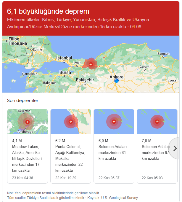 Google, Düzce depreminden etkilenen ülkelere Birleşik Krallık'ı da ekledi
