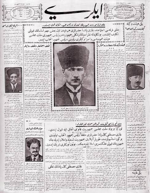 İleri Gazetesi.  Halk Fırkası ictimainde gazi paşa hazretleri herşeyden evvel bazı mühim esasatın kabulünü teklif etmiştir. Bu teklifata nazaran devletin şekli Cumhuriyettir.