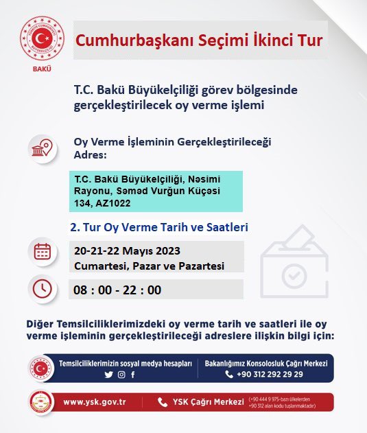 Azerbaycan'daki Türk seçmenler 20-21-22 Mayıs'ta oylarını kullanabilecek