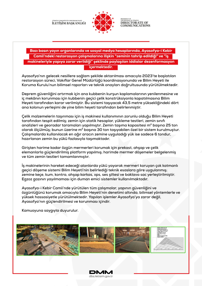 Ayasofya'nın restorasyonunda "zeminin tahrip edildiği" iddialarına yalanlama