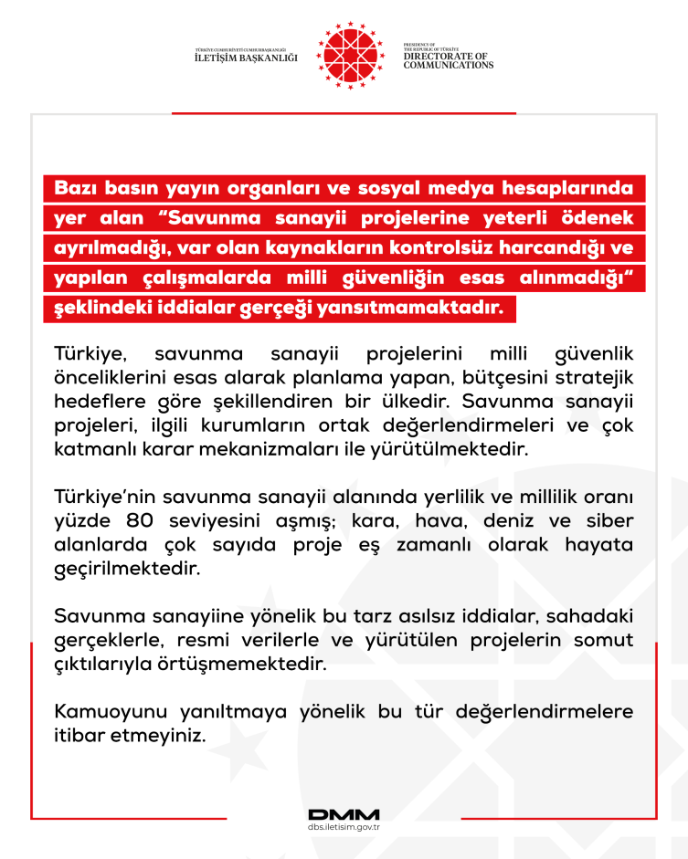 İletişim Başkanlığı "savunma sanayi projelerine yeterli ödenek ayrılmadığı" iddiasını yalanladı