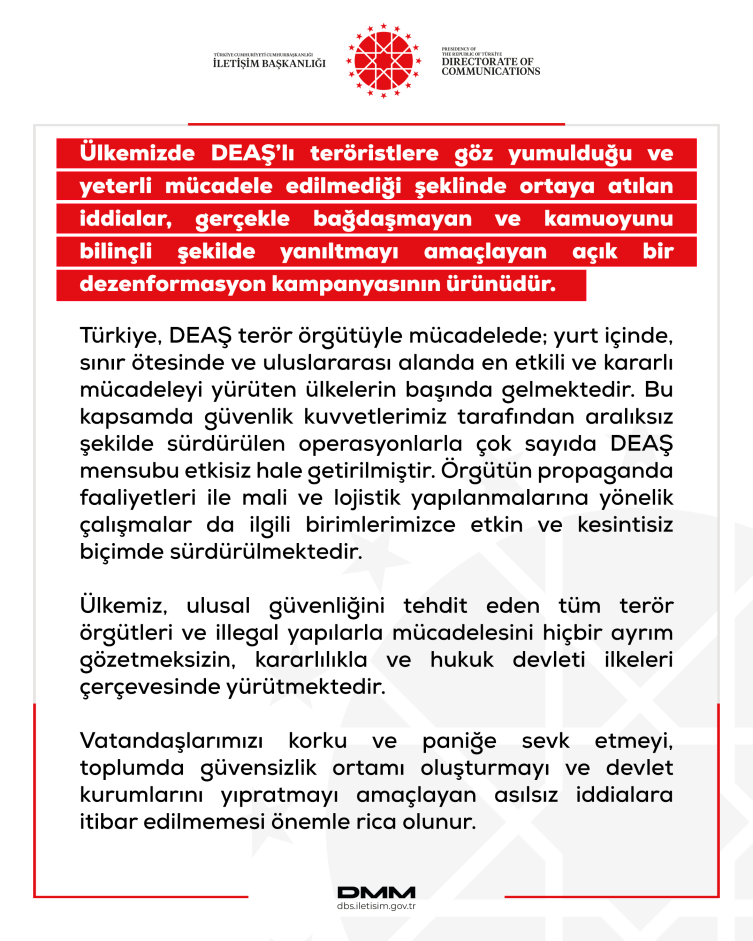 İletişim Başkanlığı "DEAŞ ile yeterli mücadele edilmediği" iddiasını yalanladı