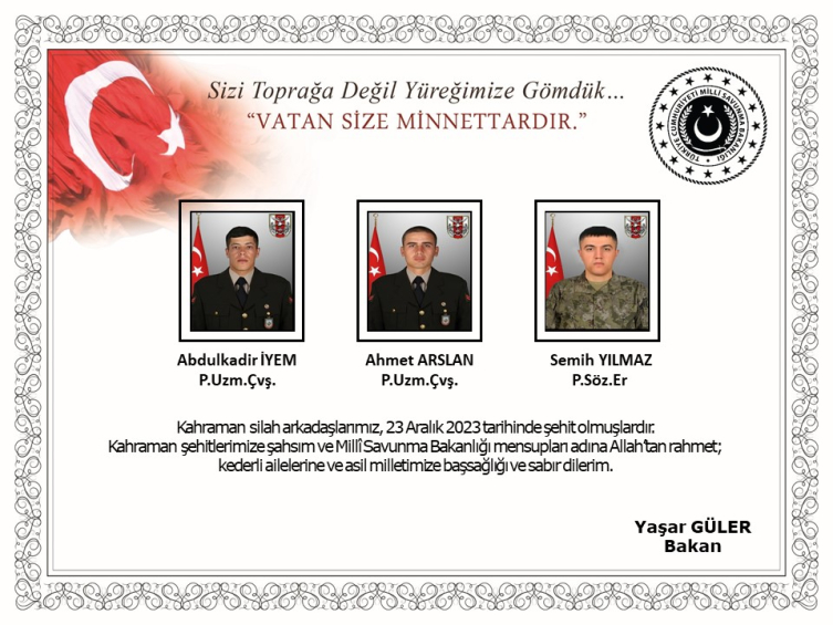 Milli Savunma Bakanı Güler'den şehit askerler için taziye mesajı-Bursa Hayat Gazetesi-2