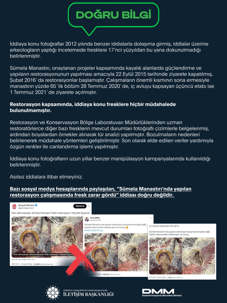 "Sümela Manastırı'ndaki restorasyonda fresk zarar gördü" iddiasına yalanlama