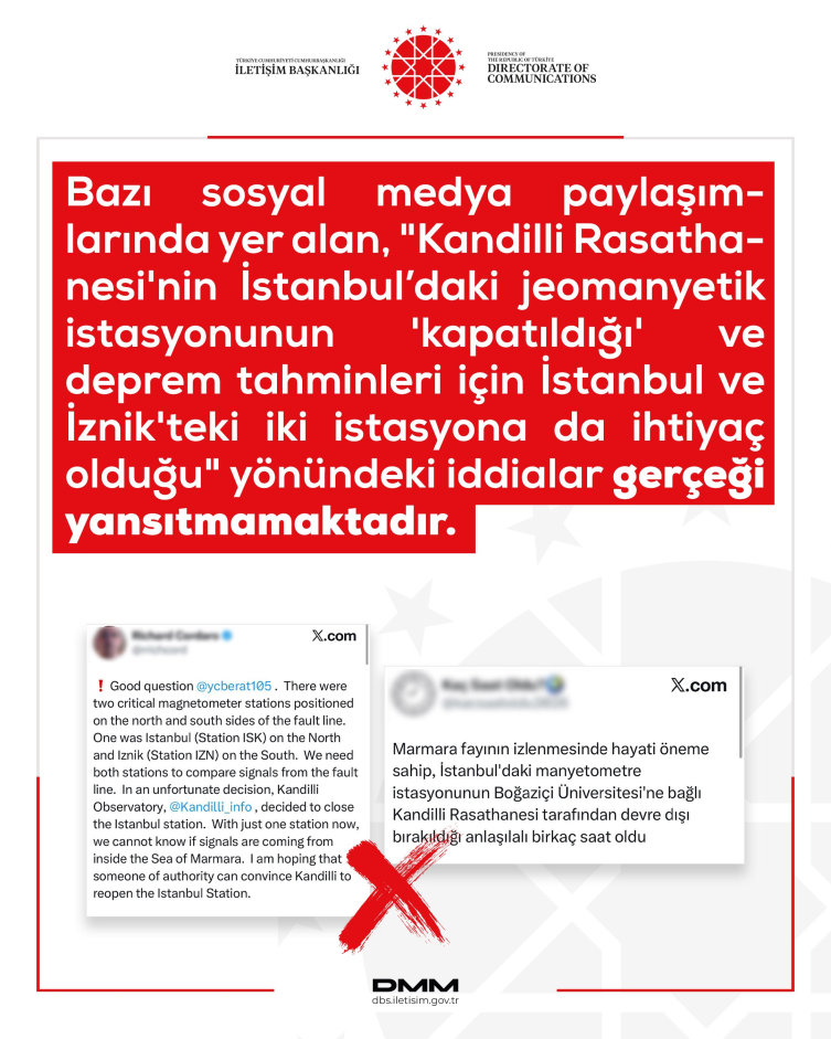 "Kandilli Rasathanesi'nin istasyonu kapatıldı" iddialarına yalanlama