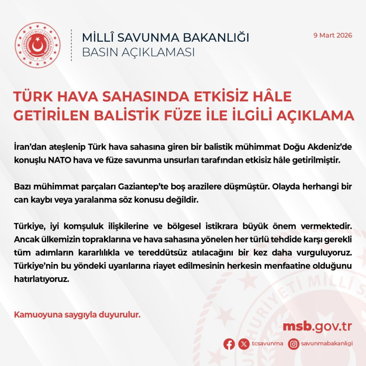 MSB: İran'dan ateşlenen füze imha edildi