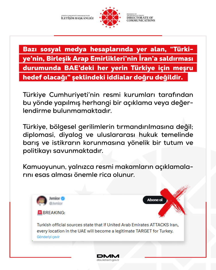 DMM, 'BAE'nin, İran'a saldırması durumunda Türkiye için meşru hedef olacağı' iddiasını yalanladı: