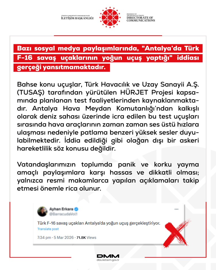 DMM, 'Antalya'da Türk F-16 savaş uçaklarının yoğun uçuş yaptığı' iddiasını yalanladı