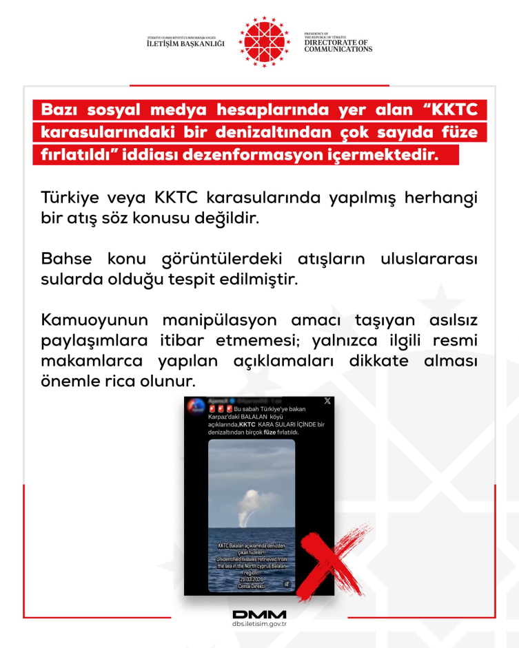 “KKTC karasularındaki bir denizaltından çok sayıda füze fırlatıldı” iddiasına yalanlama