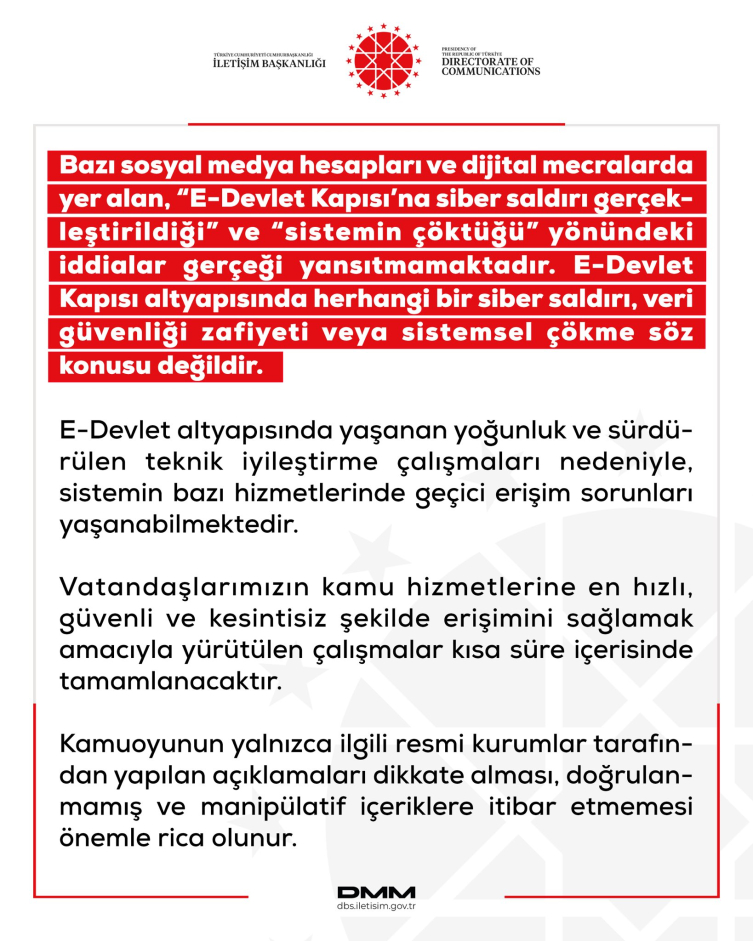 “E-Devlet Kapısı’na siber saldırı gerçekleştirildiği” iddialarına yalanlama