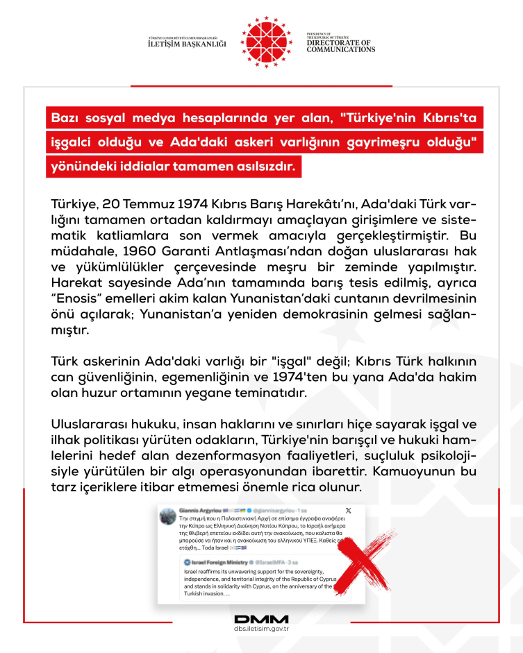 DMM'den, 'Türkiye'nin Kıbrıs'ta işgalci, askeri varlığının gayrimeşru olduğu' iddiasına tepki