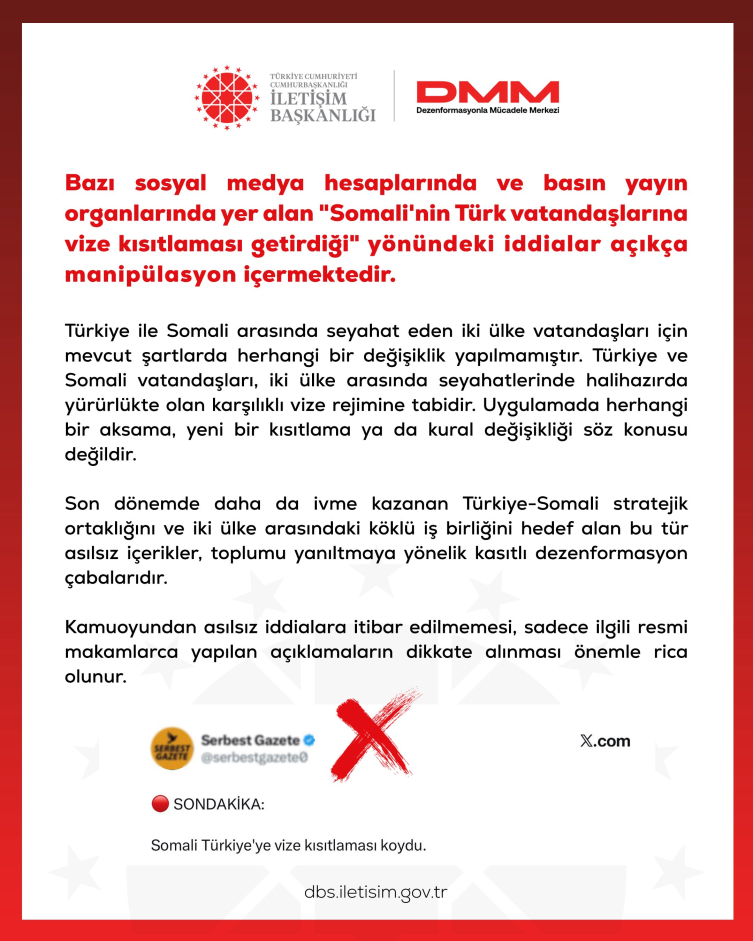 DMM'den 'Somali'nin Türk vatandaşlarına vize kısıtlaması getirdiği' iddiasına yalanlama