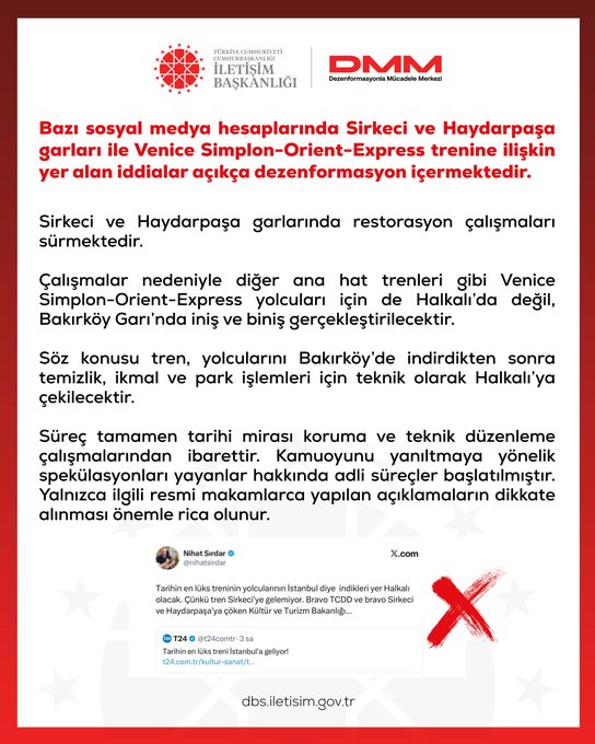 DMM, Sirkeci ve Haydarpaşa garları ile Venice Simplon-Orient-Express trenine ilişkin iddiaları yalandı