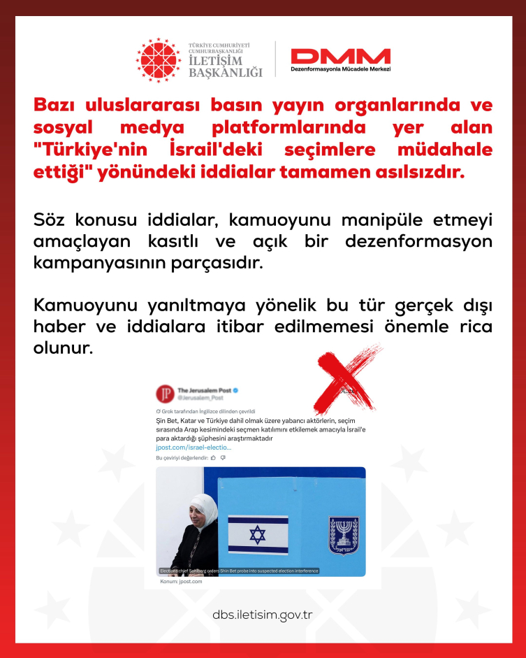 DMM, 'Türkiye'nin İsrail'deki seçimlere müdahale ettiği' iddialarını yalanladı