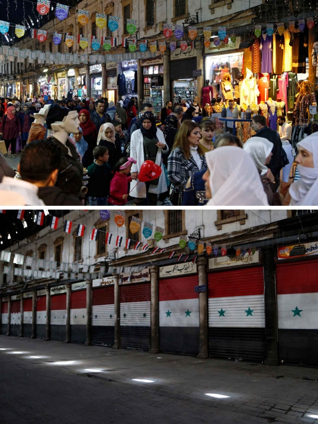 Şam'daki tarihi Hamidiye Çarşısı sokakları, sokağa çıkma yasağı kararından sonra boşaldı. Fotoğraf: Reuters