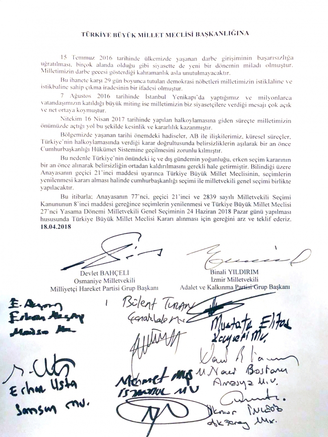 Erken seçim kanun teklifi Meclis Başkanlığı'na sunuldu