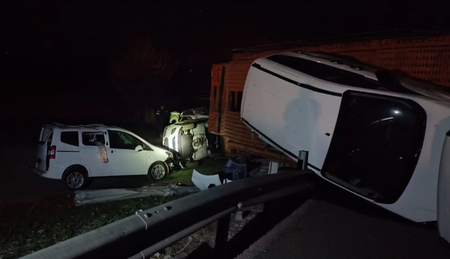 Sıfır kilometre araçları taşıyan tır devrildi