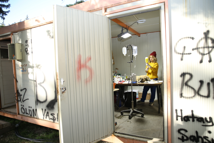 Enkazdan çıkarılan veteriner gönüllü olarak hayvanları tedavi ediyor