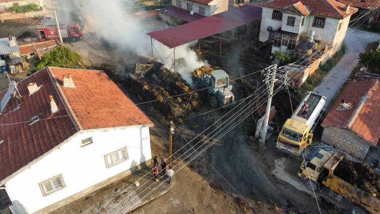 Afyonkarahisar'da ot yüklü kamyonet ile bir evin bahçesindeki otlar yandı