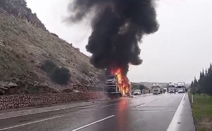 Mersin'de araç yüklü tırda yangın çıktı